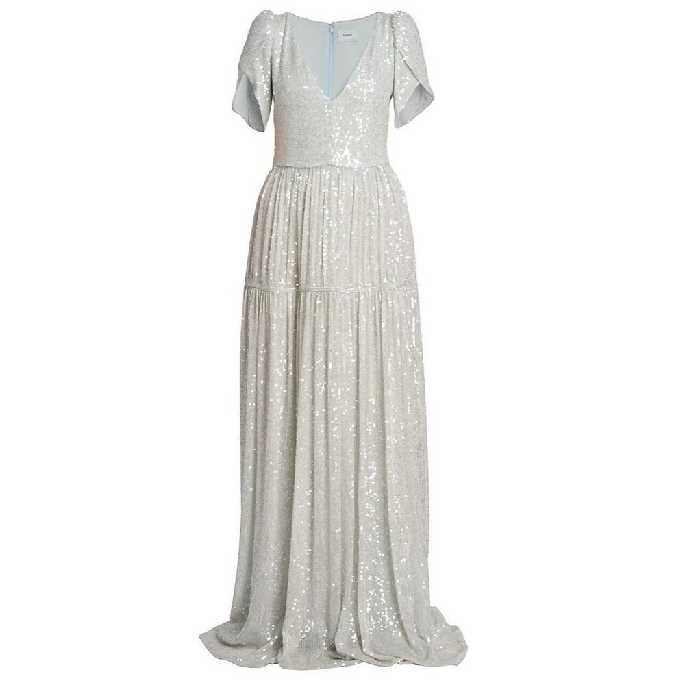 Erdem Aster Gown Womens Sequin V-Neck Evening Maxi Dress in Light Blue Size US 2